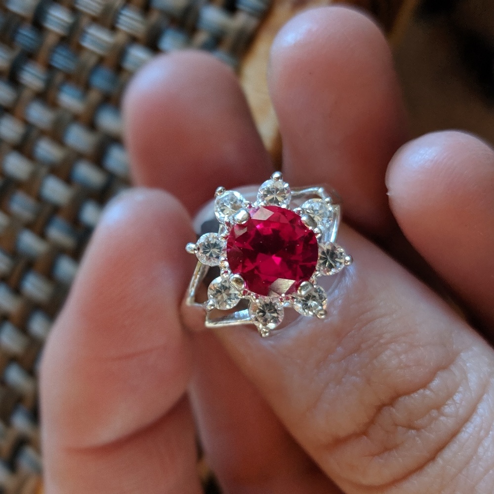 Silver ring, Ruby stone, Crystal Zirconia